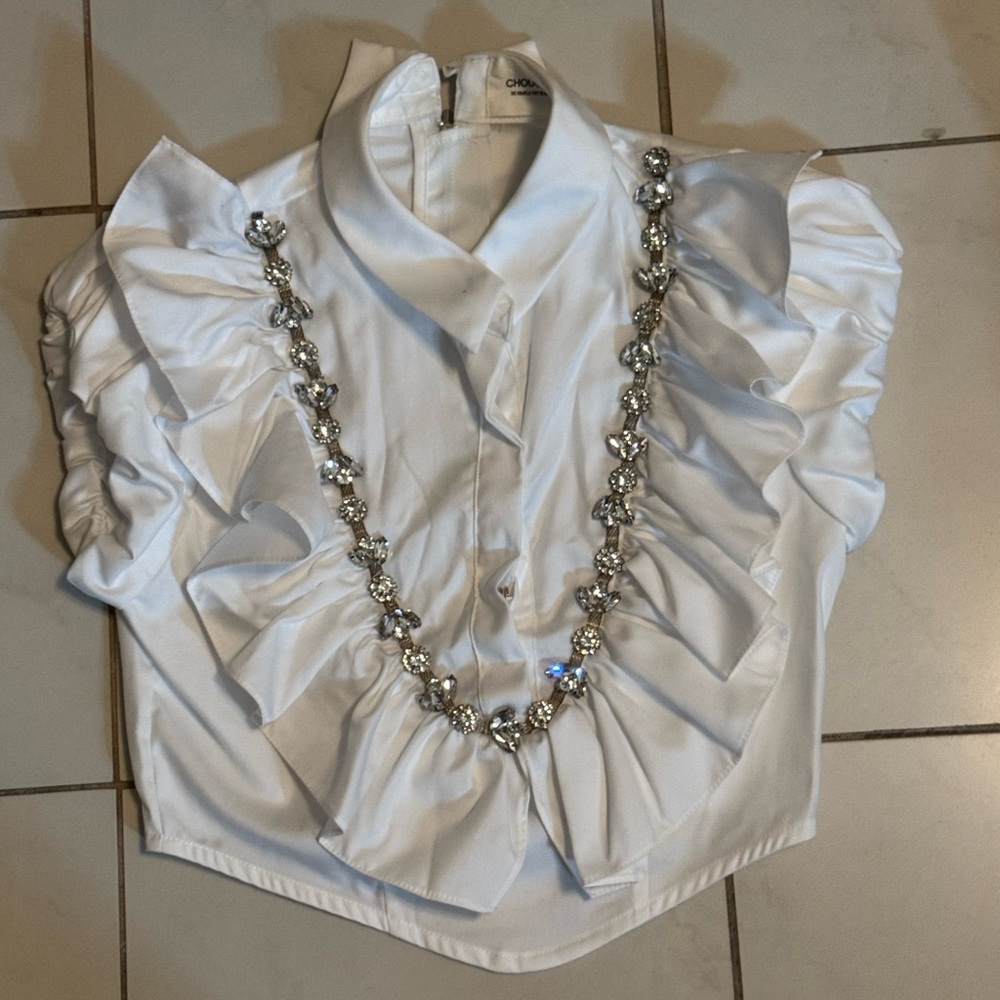Chic White Ruffled Button Down Shirt with Silver Accents